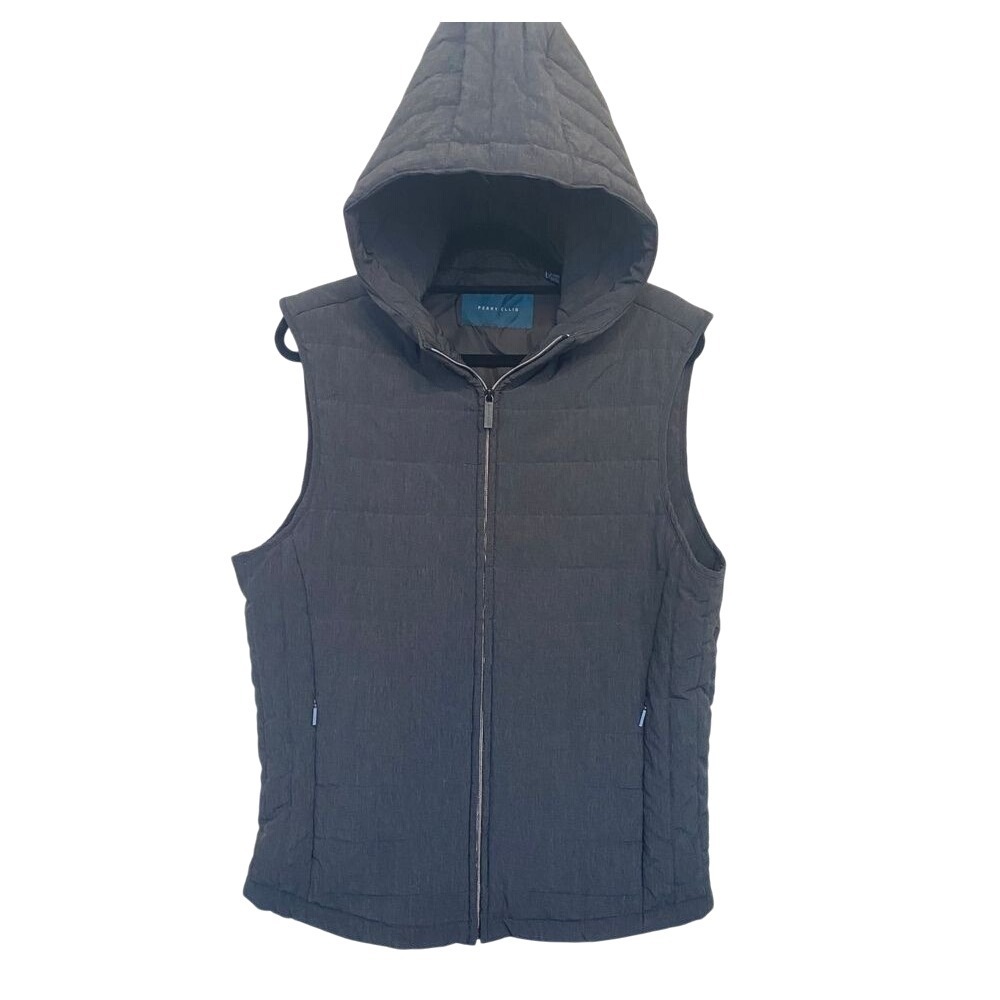 Perry Ellis Mens Charcoal Gray Hooded Puffer Vest Quilted Full Zip Size Medium